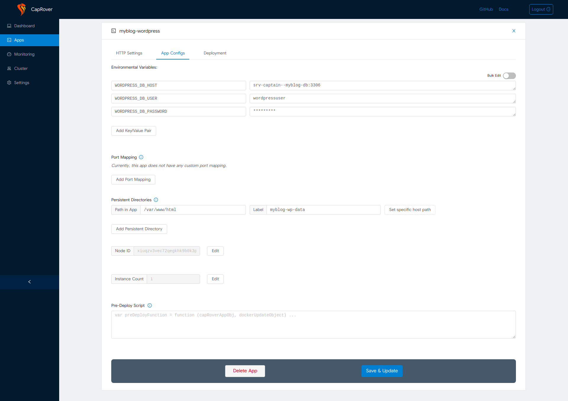 Application configuration. Caprover. App.config. Flex config app.